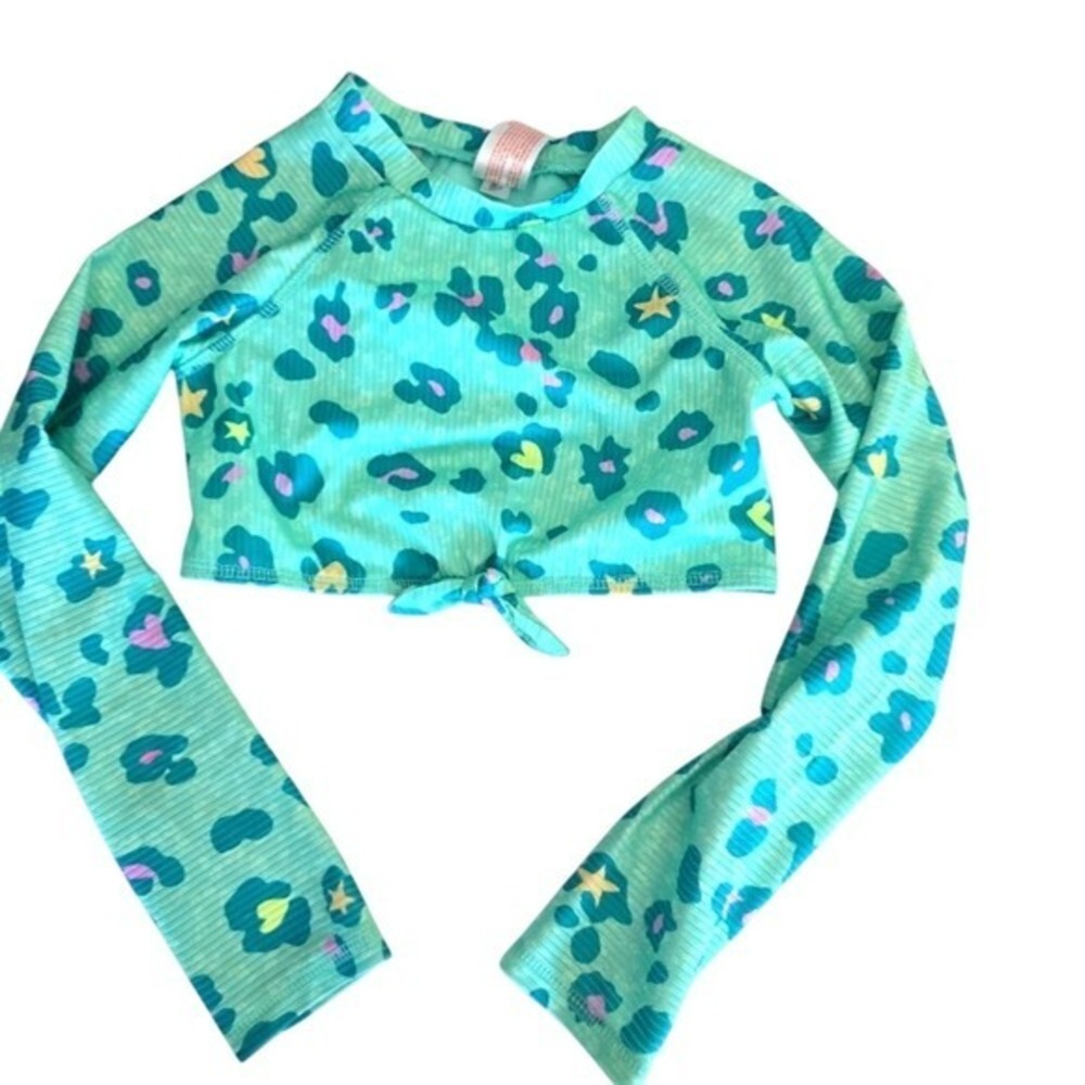 Cat & Jack Girls Teal Leopard Print Ribbed Long Sleeve Rash Guard Swim Top M 8